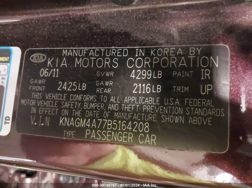 2011 Kia Optima Lx VIN: KNAGM4A77B5164208 Lot: 39745767