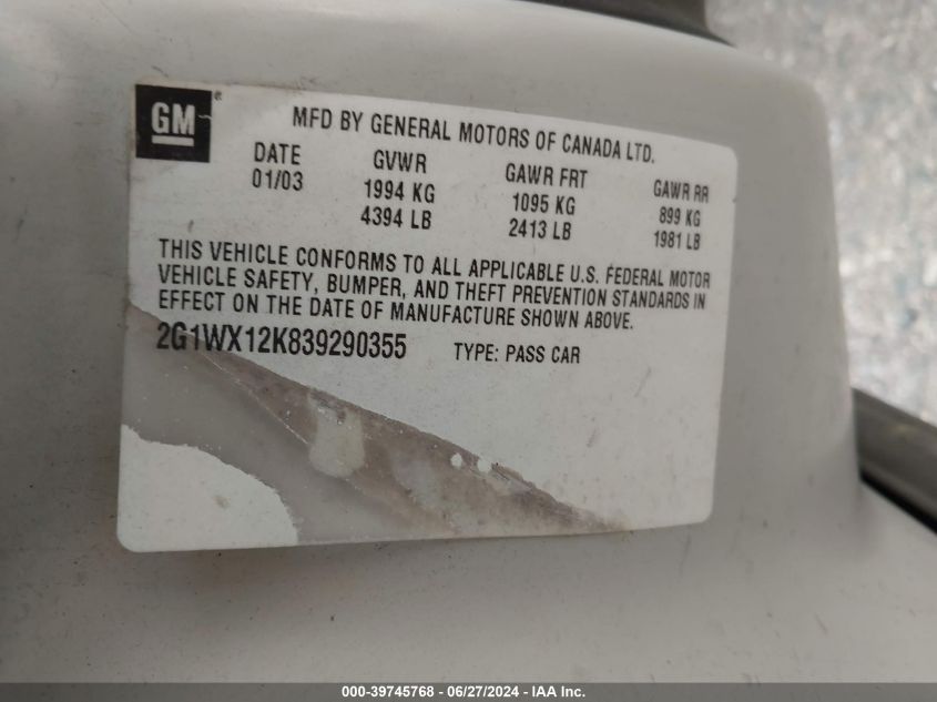 2003 Chevrolet Monte Carlo Ss VIN: 2G1WX12K839290355 Lot: 39745768