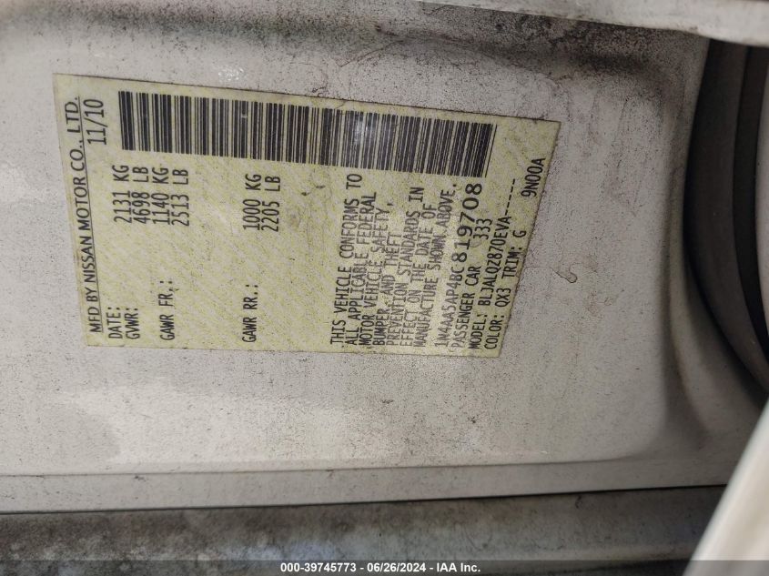 2011 Nissan Maxima 3.5 S VIN: 1N4AA5AP4BC819708 Lot: 39745773