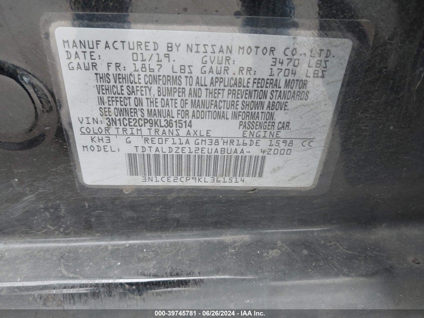 2019 Nissan Versa Note Sv VIN: 3N1CE2CP9KL361514 Lot: 39745781