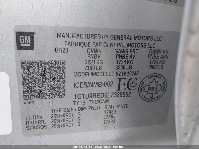 2020 GMC Sierra 1500 4Wd Short Box Sle/4Wd Standard Box Sle VIN: 1GTU9BED6LZ320552 Lot: 39745784