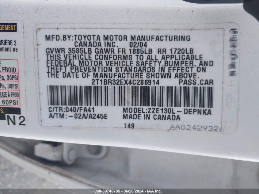 2004 Toyota Corolla Le VIN: 2T1BR32EX4C286914 Lot: 39745785