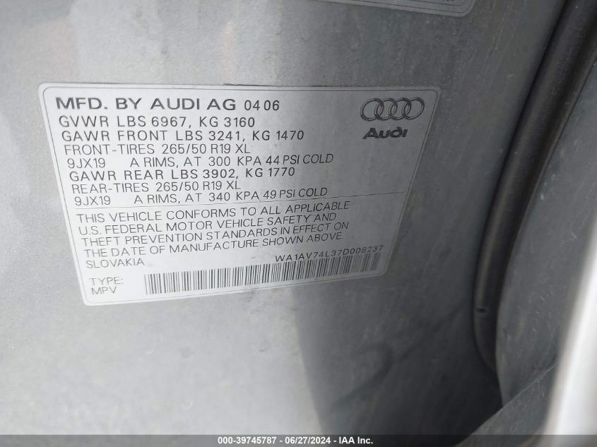 2007 Audi Q7 4.2 VIN: WA1AV74L37D008237 Lot: 39745787