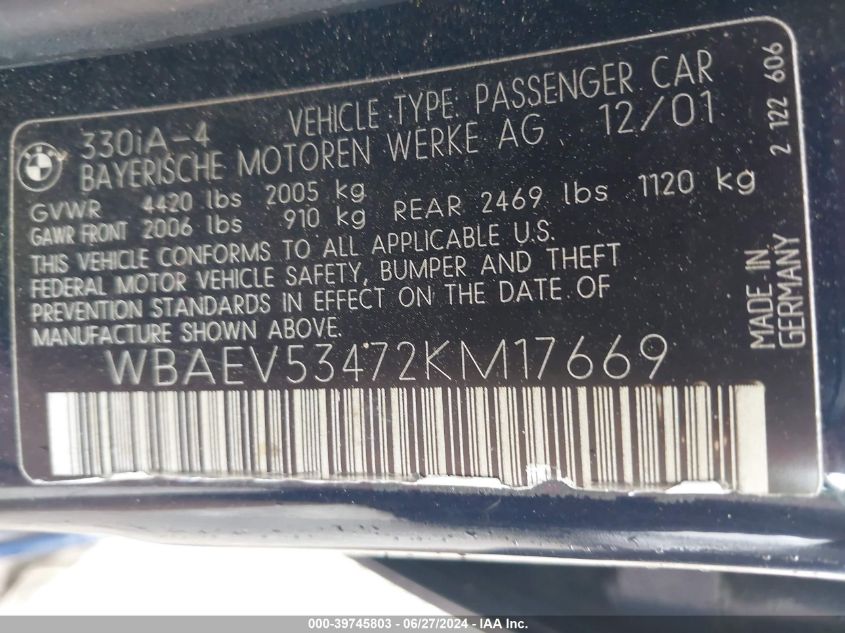 2002 BMW 330I VIN: WBAEV53472KM17669 Lot: 39745803