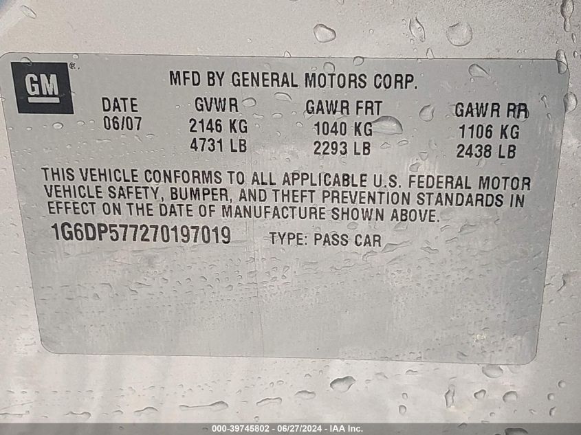 2007 Cadillac Cts Standard VIN: 1G6DP577270197019 Lot: 39745802