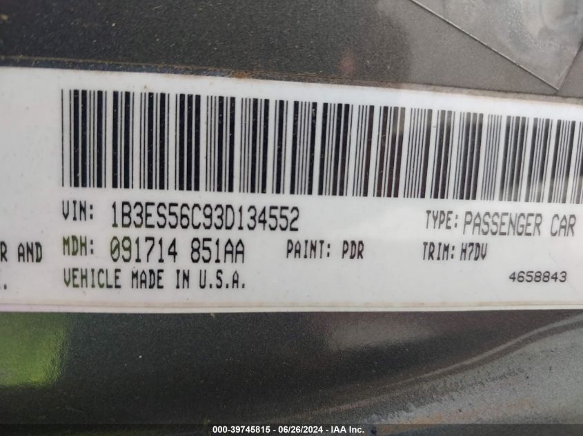 2003 Dodge Neon Sxt VIN: 1B3ES56C93D134552 Lot: 39745815