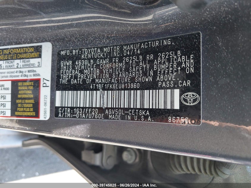 2014 Toyota Camry Se VIN: 4T1BF1FK6EU813960 Lot: 39745825