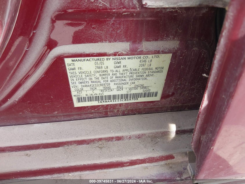 2005 Nissan Maxima Se/Sl VIN: 1N4BA41E15C869709 Lot: 39745831