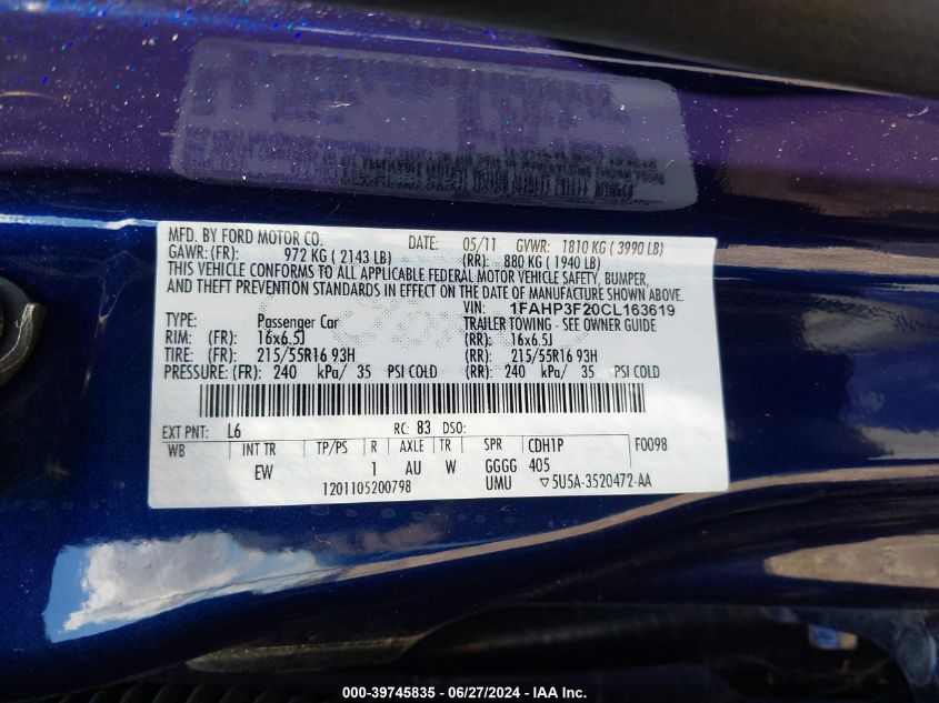 2012 Ford Focus Se VIN: 1FAHP3F20CL163619 Lot: 39745835