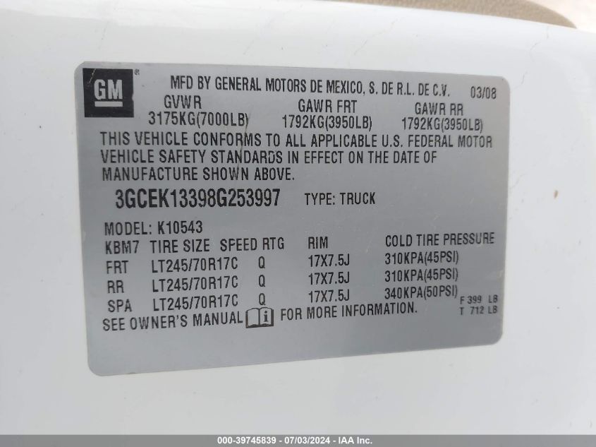 3GCEK13398G253997 2008 Chevrolet Silverado 1500 Lt1