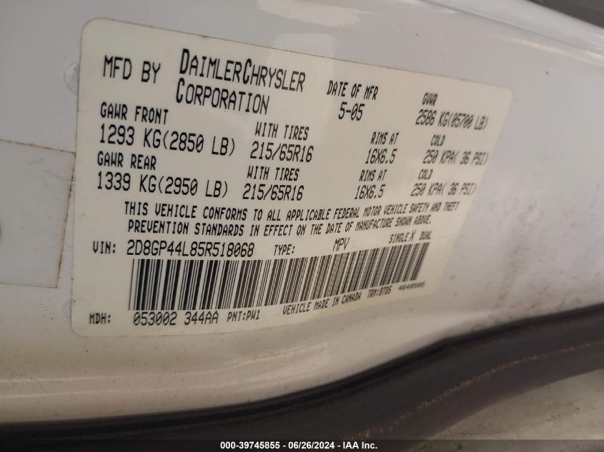 2005 Dodge Grand Caravan Sxt VIN: 2D8GP44L85R518068 Lot: 39745855