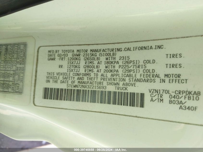 2003 Toyota Tacoma Base V6 VIN: 5TEWN72NX3Z215693 Lot: 39745858