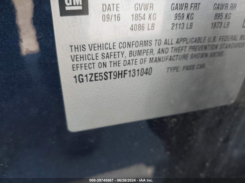 2017 Chevrolet Malibu Lt VIN: 1G1ZE5ST9HF131040 Lot: 39745867