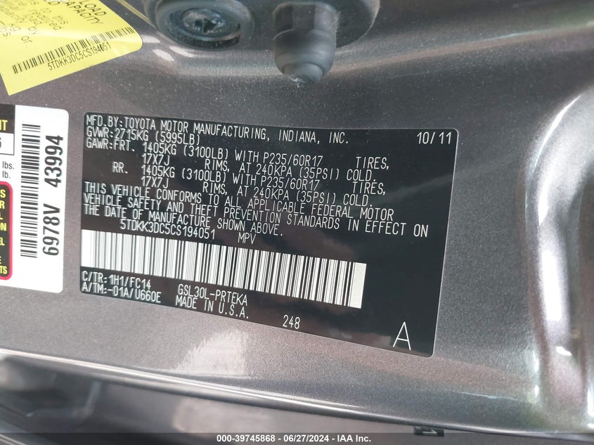 2012 Toyota Sienna Le V6 8 Passenger VIN: 5TDKK3DC5CS194051 Lot: 39745868