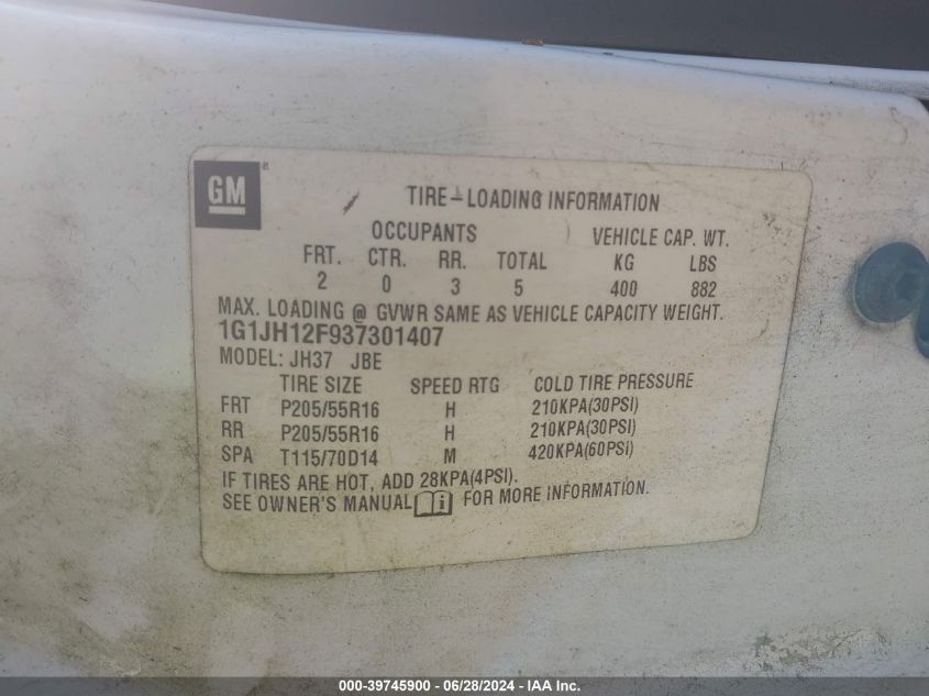 2003 Chevrolet Cavalier Ls Sport VIN: 1G1JH12F937301407 Lot: 39745900