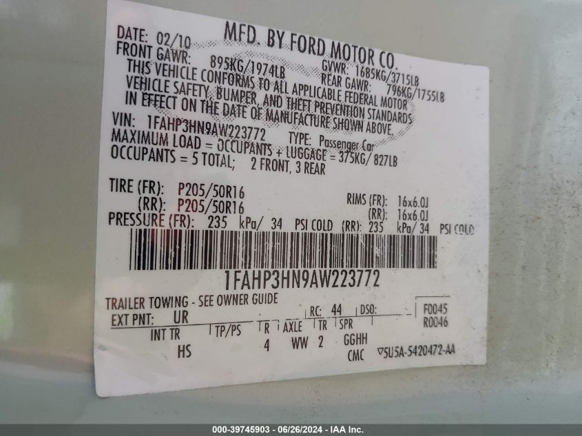 2010 Ford Focus Sel VIN: 1FAHP3HN9AW223772 Lot: 39745903