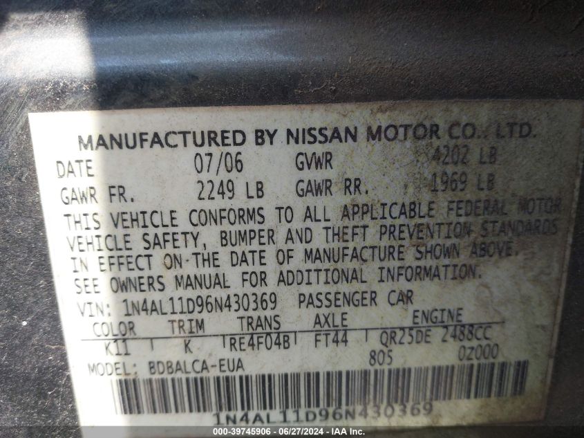 1N4AL11D96N430369 2006 Nissan Altima S/Sl