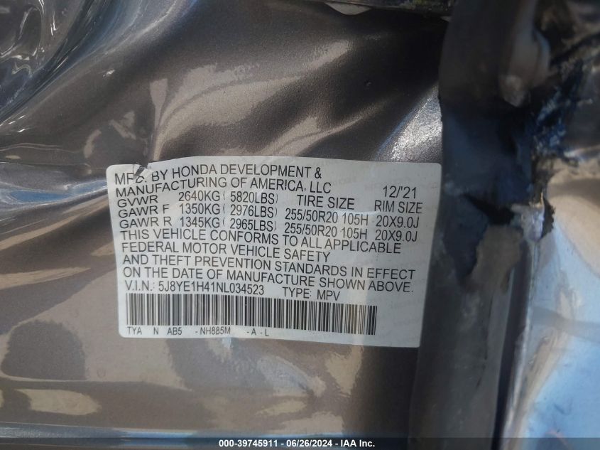 2022 Acura Mdx Technology Package VIN: 5J8YE1H41NL034523 Lot: 39745911