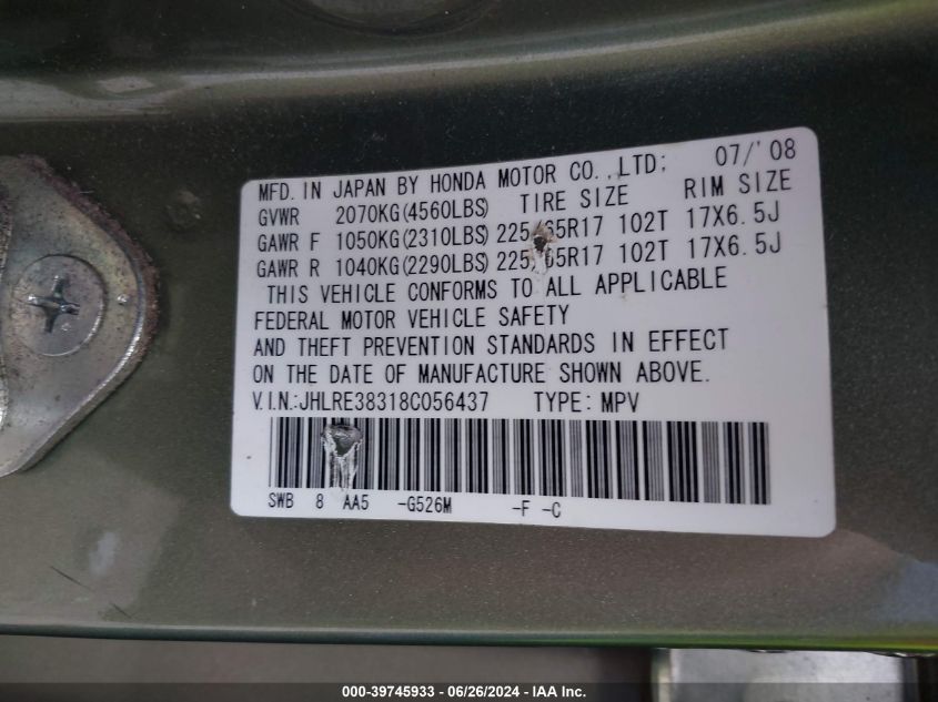 2008 Honda Cr-V Lx VIN: JHLRE38318C056437 Lot: 39745933