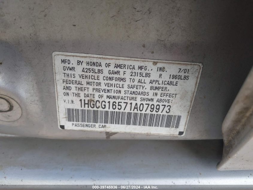 2001 Honda Accord 3.0 Ex VIN: 1HGCG16571A079973 Lot: 39745936