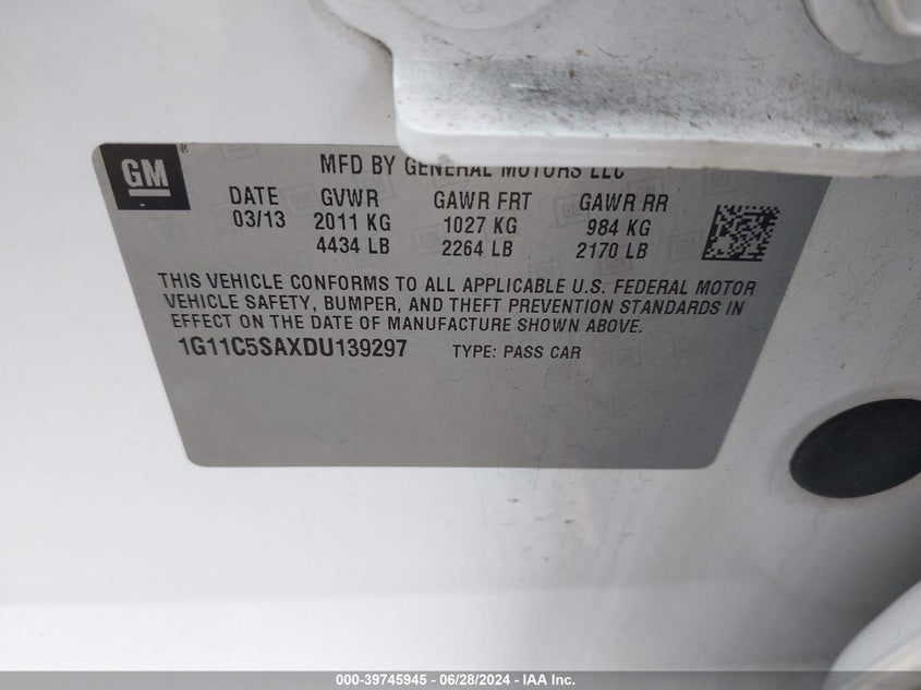 2013 Chevrolet Malibu 1Lt VIN: 1G11C5SAXDU139297 Lot: 39745945