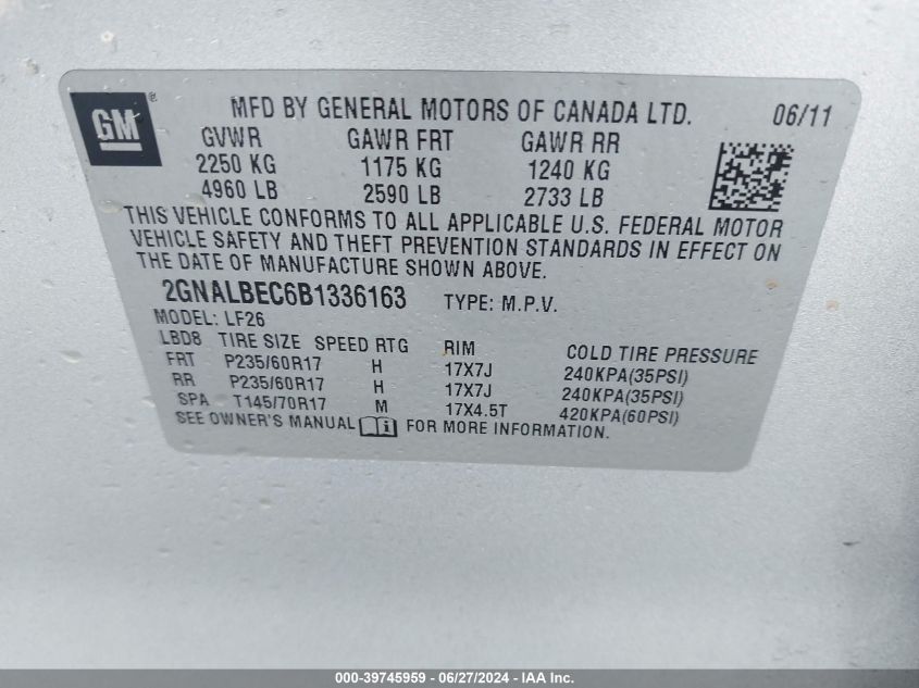 2GNALBEC6B1336163 2011 Chevrolet Equinox Ls