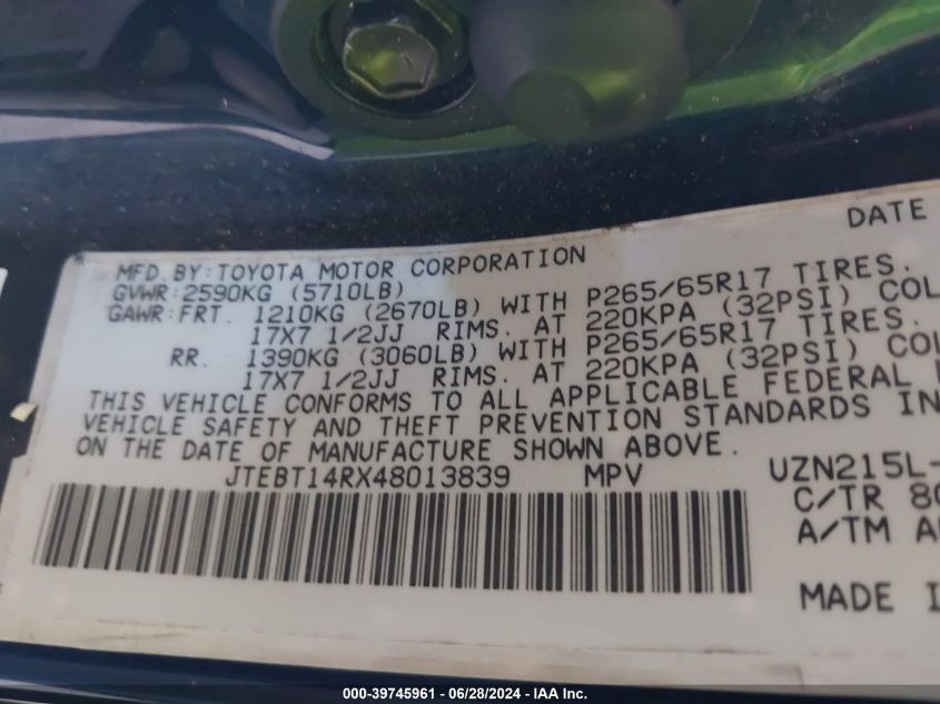 2004 Toyota 4Runner Sr5/Sport VIN: JTEBT14RX48013839 Lot: 39745961