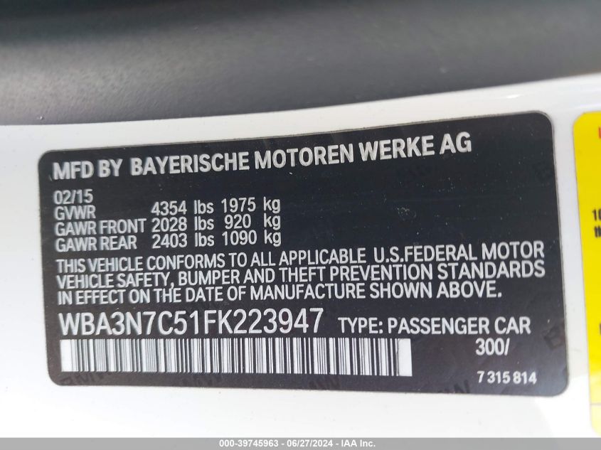 2015 BMW 428I VIN: WBA3N7C51FK223947 Lot: 39745963