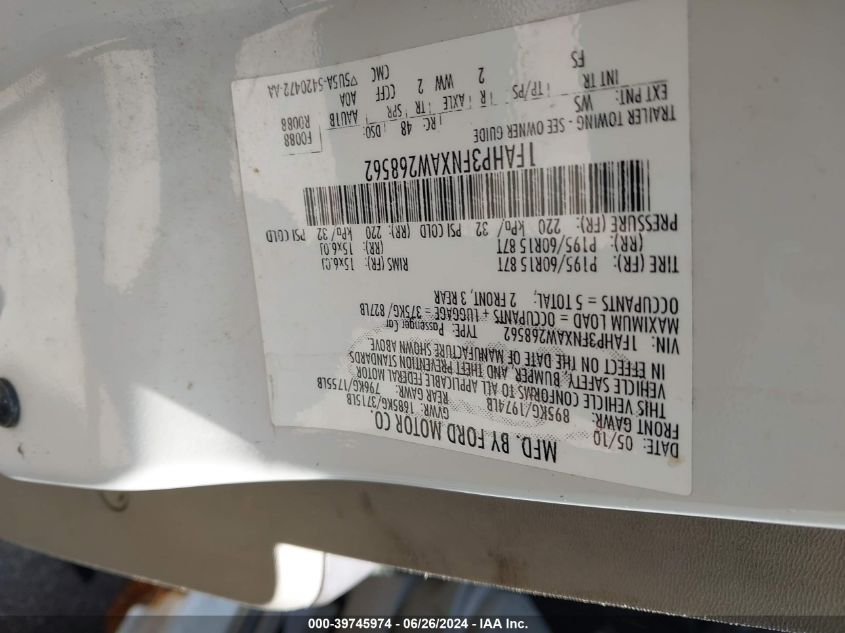 2010 Ford Focus Se VIN: 1FAHP3FNXAW268562 Lot: 39745974