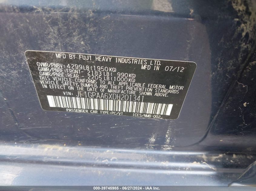 2013 Subaru Impreza 2.0I VIN: JF1GPAA6XDH201341 Lot: 39745985