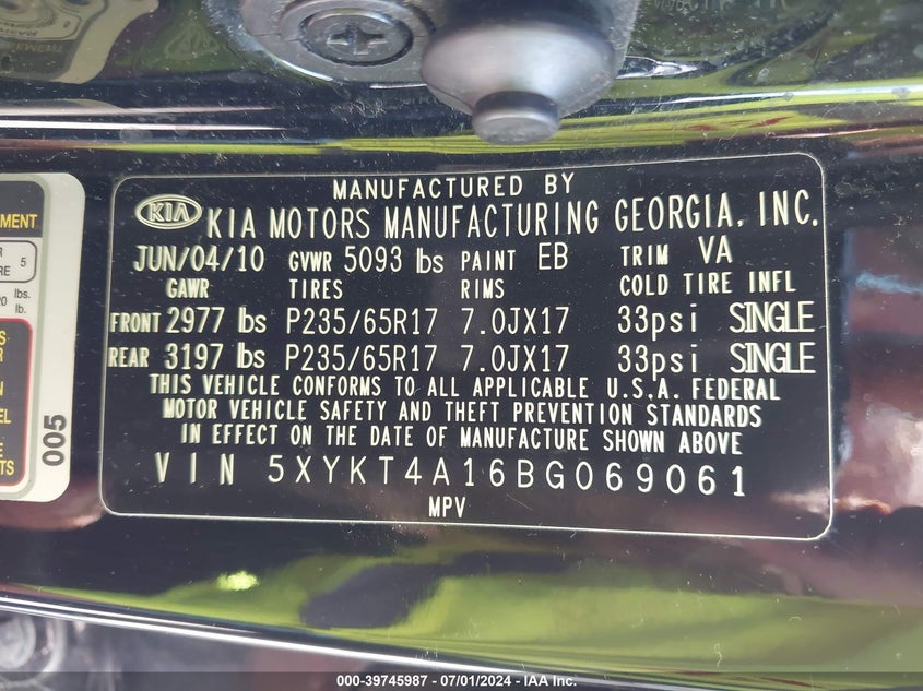 2011 Kia Sorento Lx VIN: 5XYKT4A16BG069061 Lot: 39745987