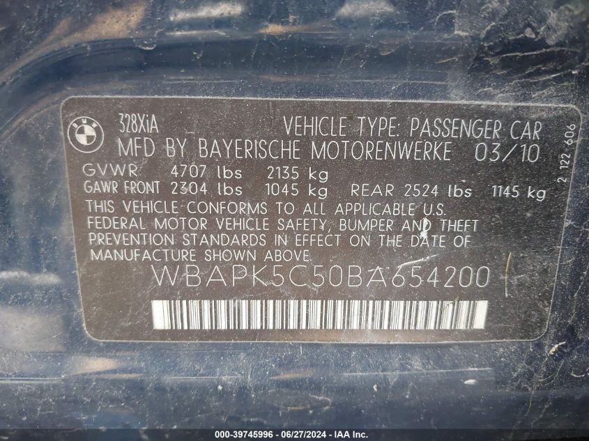 2011 BMW 328 Xi Sulev VIN: WBAPK5C50BA654200 Lot: 39745996