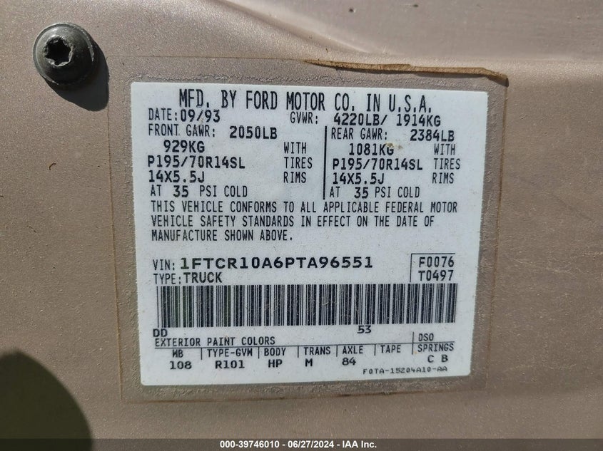 1993 Ford Ranger VIN: 1FTCR10A6PTA96551 Lot: 39746010