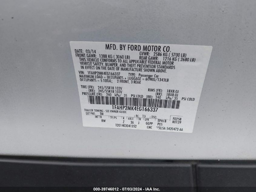 2014 Ford Taurus Police Interceptor VIN: 1FAHP2MK4EG166337 Lot: 39746012