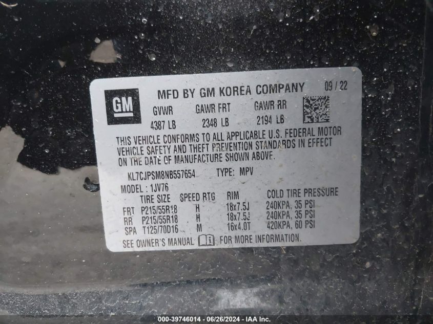 2022 Chevrolet Trax Awd Lt VIN: KL7CJPSM8NB557654 Lot: 39746014