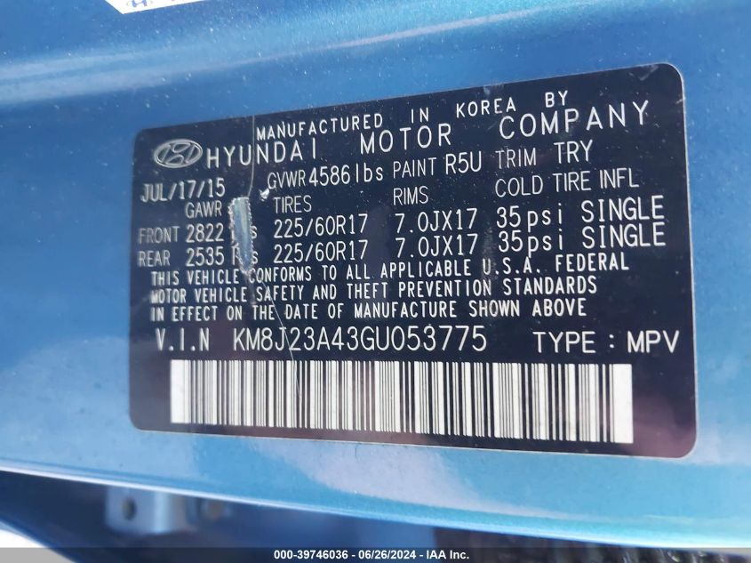 2016 Hyundai Tucson Se VIN: KM8J23A43GU053775 Lot: 39746036