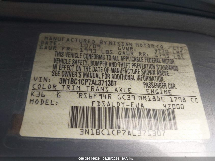 2010 Nissan Versa S/Sl VIN: 3N1BC1CP7AL371307 Lot: 39746039