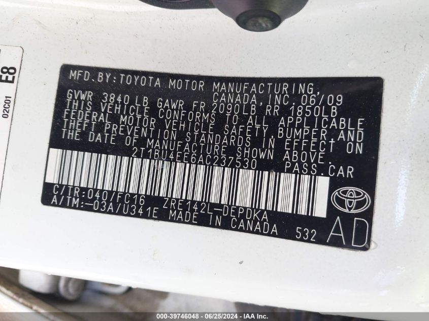 2010 Toyota Corolla Le VIN: 2T1BU4EE6AC237530 Lot: 39746048