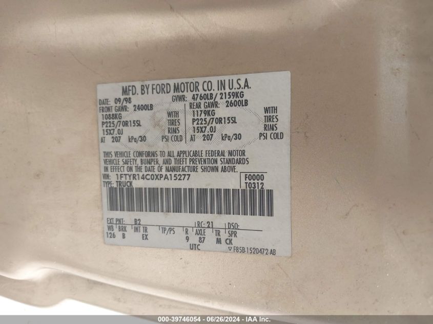 1999 Ford Ranger Xl/Xlt VIN: 1FTYR14C0XPA15277 Lot: 39746054