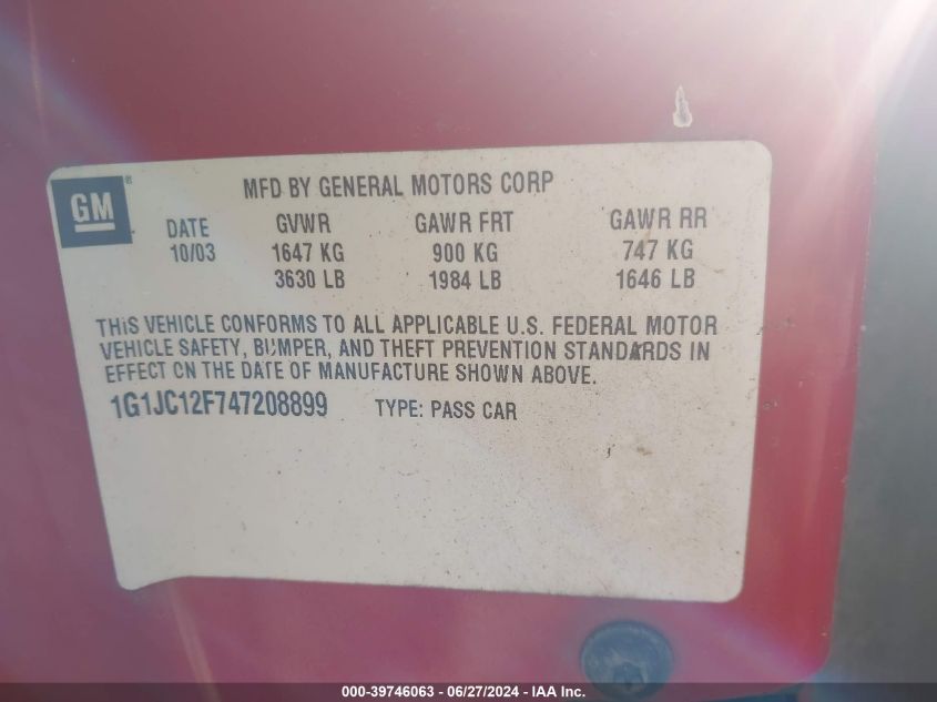 2004 Chevrolet Cavalier VIN: 1G1JC12F747208899 Lot: 39746063