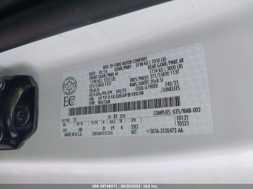 2016 Ford F-150 Lariat VIN: 1FTFX1EG5GFB15038 Lot: 39746071