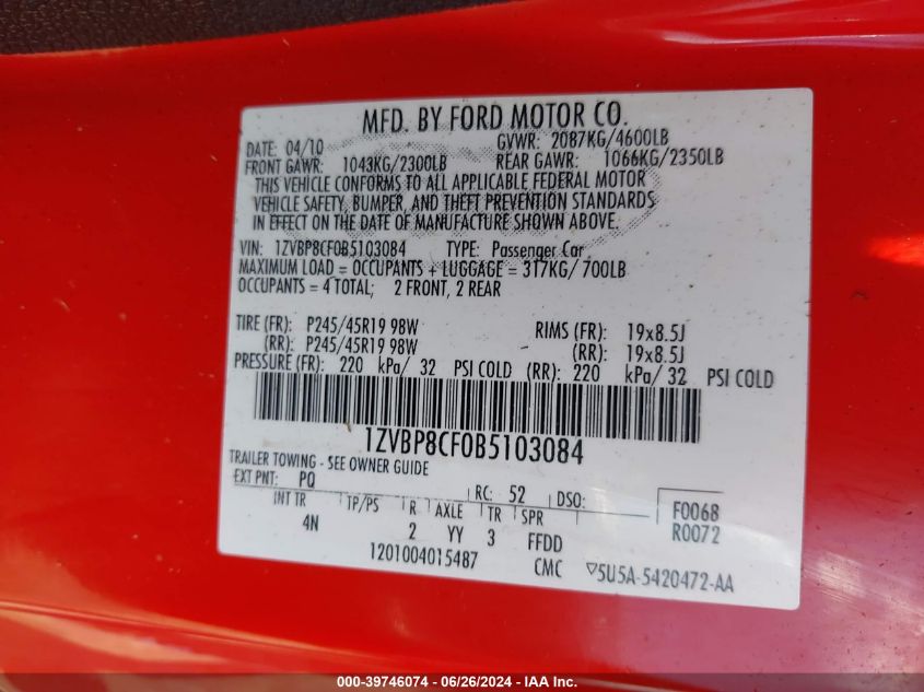 2011 Ford Mustang Gt Premium VIN: 1ZVBP8CF0B5103084 Lot: 39746074