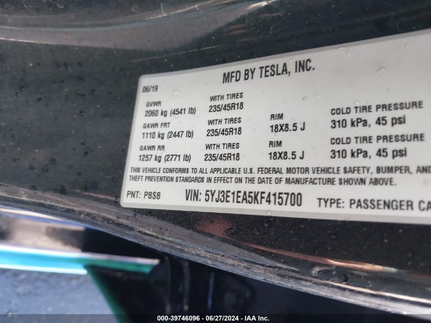 2019 Tesla Model 3 Long Range/Mid Range/Standard Range/Standard Range Plus VIN: 5YJ3E1EA5KF415700 Lot: 39746096