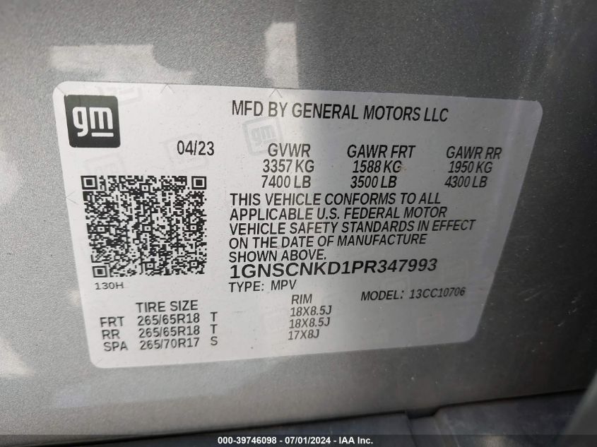 2023 CHEVROLET TAHOE 2WD LT - 1GNSCNKD1PR347993