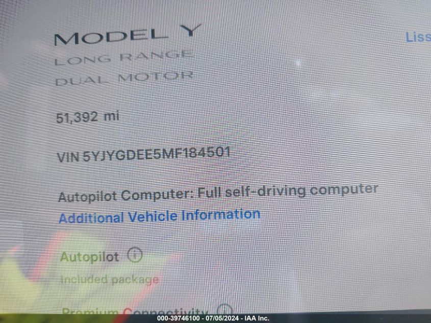 2021 Tesla Model Y Long Range Dual Motor All-Wheel Drive VIN: 5YJYGDEE5MF184501 Lot: 39746100