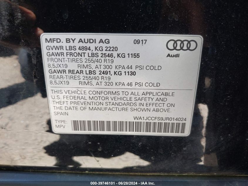 2018 Audi Q3 VIN: WA1JCCFS9JR014024 Lot: 39746101