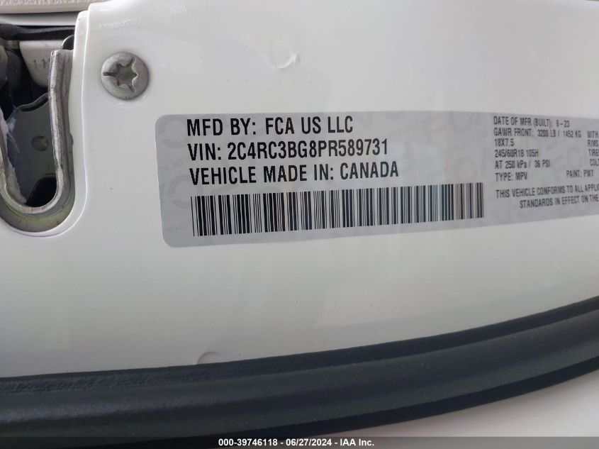 2023 Chrysler Pacifica Touring L Awd VIN: 2C4RC3BG8PR589731 Lot: 39746118