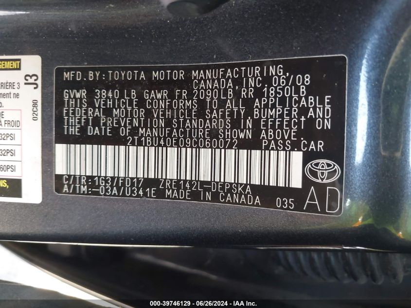 2009 Toyota Corolla S VIN: 2T1BU40E09C060072 Lot: 39746129