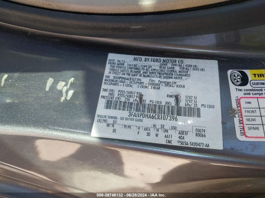 2012 Ford Fusion Se VIN: 3FAHP0HA6CR107396 Lot: 39746132