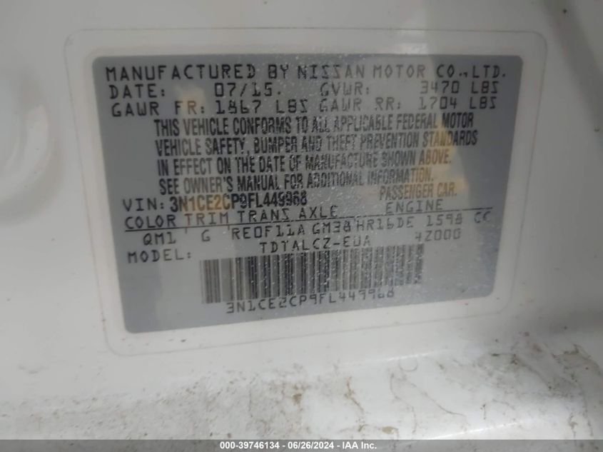 2015 Nissan Versa Note S Plus VIN: 3N1CE2CP9FL449968 Lot: 39746134